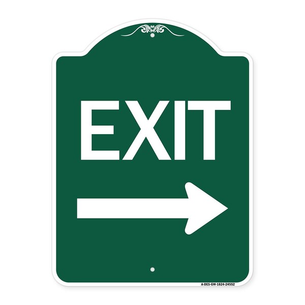 Designer Series Sign-Exit W/ Right Arrow, Green & White Aluminum Sign, 18" H, 24" L, GW-1824-24552